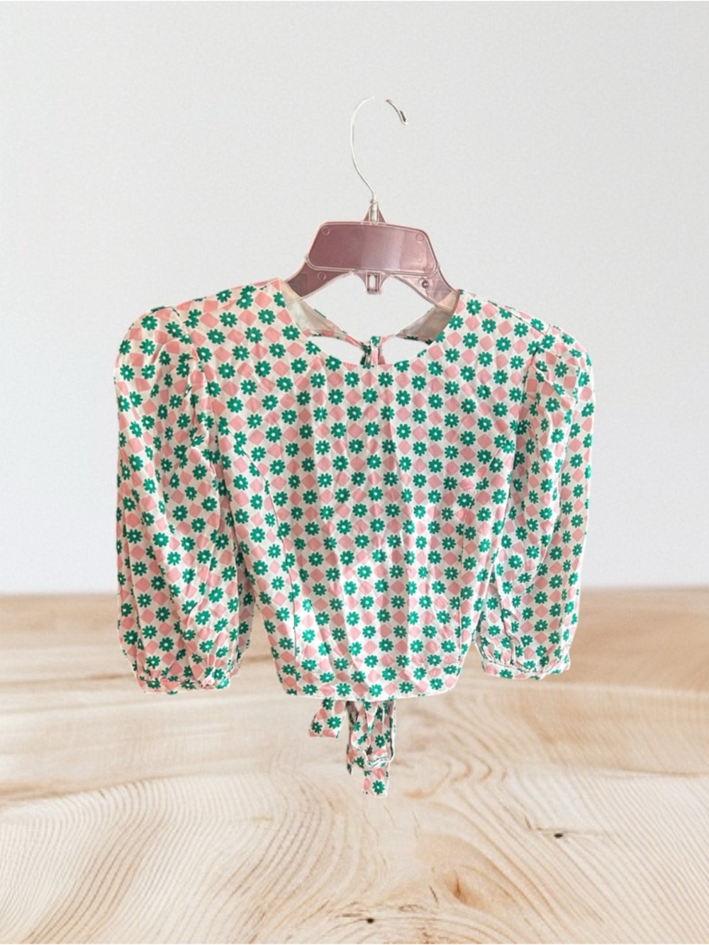 Glamorous Collection pink green cream open back cropped double tie blouse Sz 6